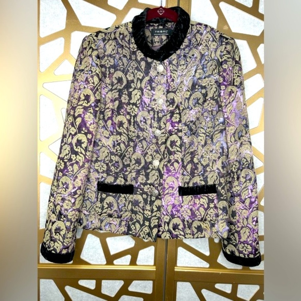 Tribal Velvet Tapestry Black Purple Floral Blazer Jacket
